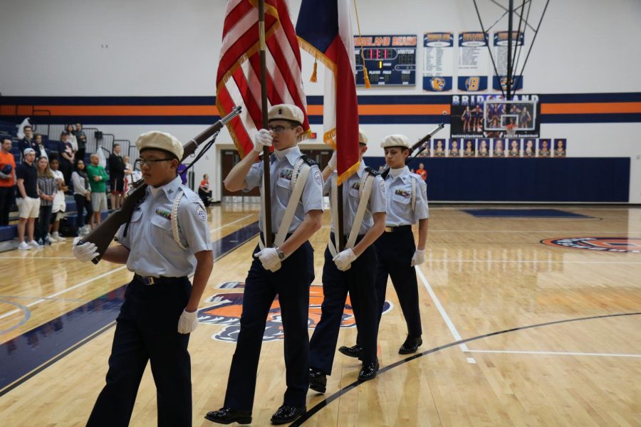 JROTC cadets present the flags at a home girls basketball game on Jan. 22, 2019. 