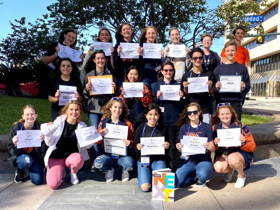 Bridgeland Student Media poses with their awards from TAJE Fall Fiesta.