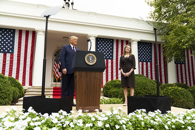 President Donald J. Trump announces Judge Amy Coney Barrett as his nominee for Associate Justice of the Supreme Court of the United States in the Rose Garden of the White House on Saturday, September 26, 2020, who was joined by her husband Jesse Barrett and their children.