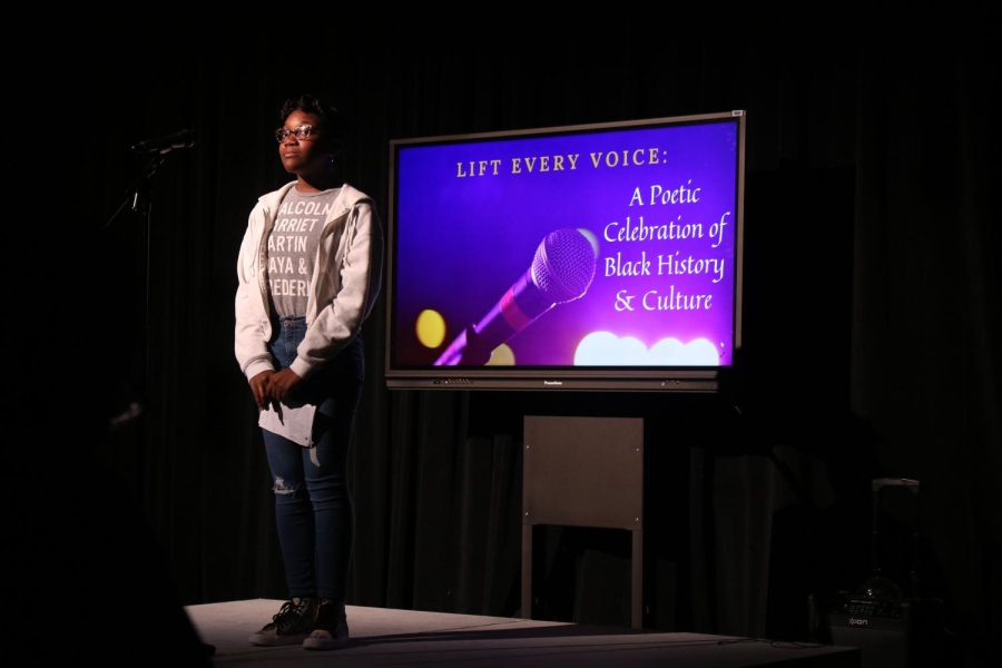 During the February 23rd Poetry Jam Sophomore Kalynn Hall recites her original piece titled I love me some me.