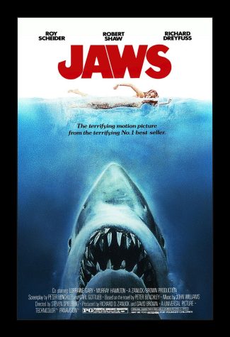 The original poster of the movie Jaws from 1975.