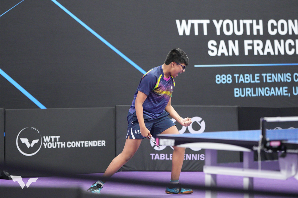Photo of Joshua Joseph celebrating when he won his first world title. Photo is curtesy of World Table Tennis Youth Contender San Francisco II.